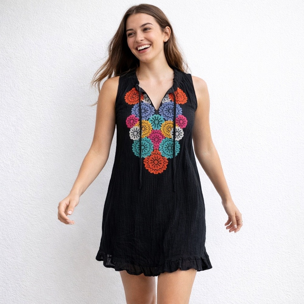 THML Black Bohemian Festival Embroidered Mini Dress Sleeveless Ruffle Neck Small
